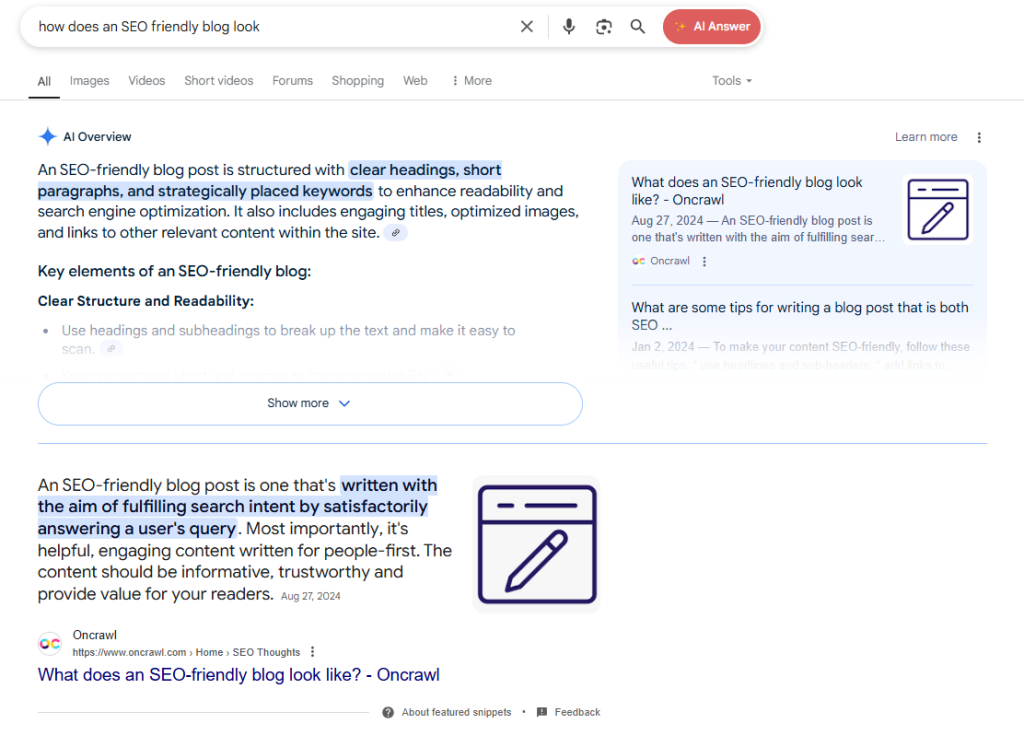 16. Oncrawl- AIO and paragraph snippet
