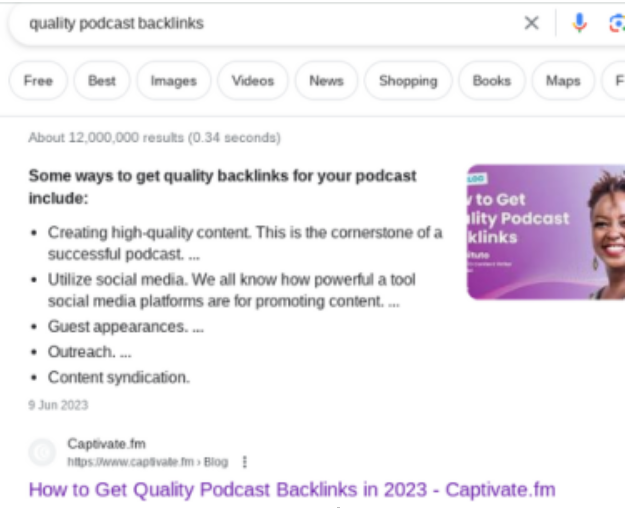 8. Captivate -Quality podcast backlinks- List snippet and thumbnail